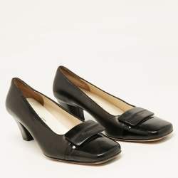 Pre Owned Salvatore Ferragamo Black Leather Bow Block Heel Pumps Size 37