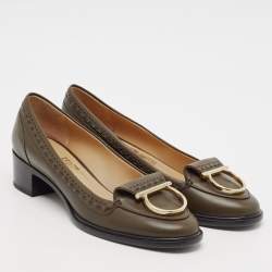 Salvatore Ferragamo Olive Green Leather Fele Loafer Pumps Size 38