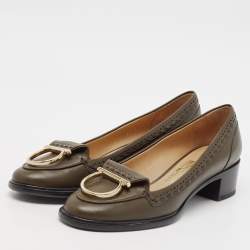 Salvatore Ferragamo Olive Green Leather Fele Loafer Pumps Size 38
