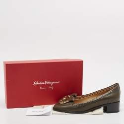 Salvatore Ferragamo Olive Green Leather Fele Loafer Pumps Size 38