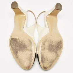 Salvatore Ferragamo Cream/Navy Blue Leather Slingback Block Heel Pumps Size 40