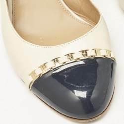 Salvatore Ferragamo Cream/Navy Blue Leather Slingback Block Heel Pumps Size 40