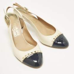 Salvatore Ferragamo Cream/Navy Blue Leather Slingback Block Heel Pumps Size 40