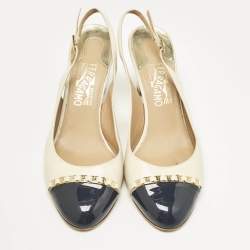 Salvatore Ferragamo Cream/Navy Blue Leather Slingback Block Heel Pumps Size 40