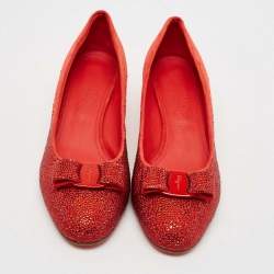 Pre Owned Salvatore Ferragamo Red Suede Crystal Embellished Vara Bow Block Heel Pumps Size 40.5