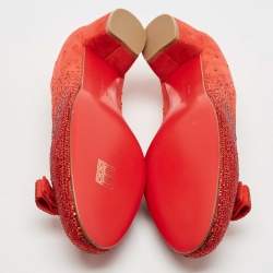 Pre Owned Salvatore Ferragamo Red Suede Crystal Embellished Vara Bow Block Heel Pumps Size 40.5