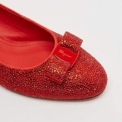 Pre Owned Salvatore Ferragamo Red Suede Crystal Embellished Vara Bow Block Heel Pumps Size 40.5