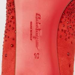 Pre Owned Salvatore Ferragamo Red Suede Crystal Embellished Vara Bow Block Heel Pumps Size 40.5