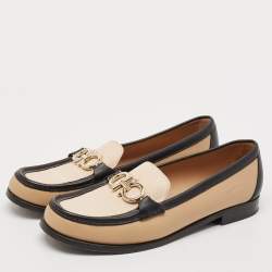 Salvatore Ferragamo Black/Beige Leather Slip On Loafers Size 40