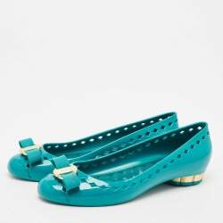 Salvatore Ferragamo Teal Green Rubber Vara Bow Ballet Flats Size 37.5