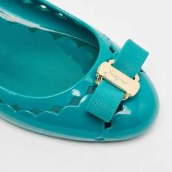 Salvatore Ferragamo Teal Green Rubber Vara Bow Ballet Flats Size 37.5
