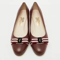 Salvatore Ferragamo Burgundy Leather Web Vara Bow Pumps Size 40.5