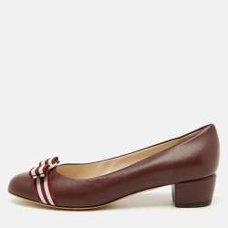 Salvatore Ferragamo Burgundy Leather Web Vara Bow Pumps Size 40.5