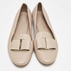Salvatore Ferragamo Beige Leather Bow Smoking Slippers Size 37