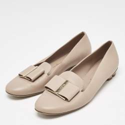 Salvatore Ferragamo Beige Leather Bow Smoking Slippers Size 37
