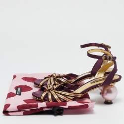 Dolce & Gabbana Gold/Burgundy Leather and Satin Ankle Strap Sandals Size 36.5