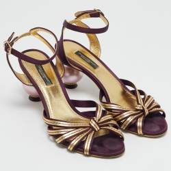 Dolce & Gabbana Gold/Burgundy Leather and Satin Ankle Strap Sandals Size 36.5