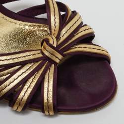 Dolce & Gabbana Gold/Burgundy Leather and Satin Ankle Strap Sandals Size 36.5