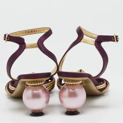 Dolce & Gabbana Gold/Burgundy Leather and Satin Ankle Strap Sandals Size 36.5