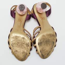 Dolce & Gabbana Gold/Burgundy Leather and Satin Ankle Strap Sandals Size 36.5
