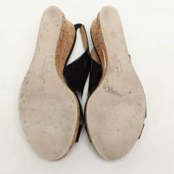 Pre Owned Salvatore Ferragamo Black Patent Leather Cork Wedge Slingback Sandals Size 39.5