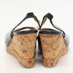 Pre Owned Salvatore Ferragamo Black Patent Leather Cork Wedge Slingback Sandals Size 39.5