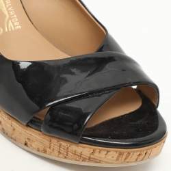 Pre Owned Salvatore Ferragamo Black Patent Leather Cork Wedge Slingback Sandals Size 39.5