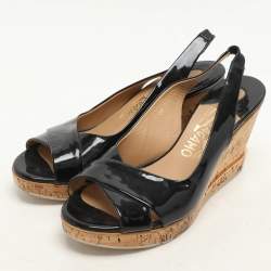 Pre Owned Salvatore Ferragamo Black Patent Leather Cork Wedge Slingback Sandals Size 39.5