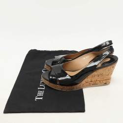 Pre Owned Salvatore Ferragamo Black Patent Leather Cork Wedge Slingback Sandals Size 39.5