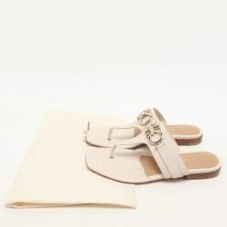 Salvatore Ferragamo Light Beige Leather Gancini Thong Flats Size 38.5