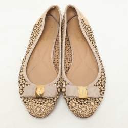 Salvatore Ferragamo Beige Patent Leather Laser Cut Vara Bow Ballet Flats Size 38