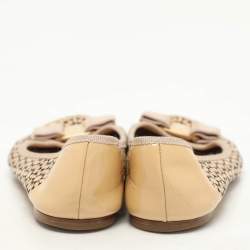 Salvatore Ferragamo Beige Patent Leather Laser Cut Vara Bow Ballet Flats Size 38
