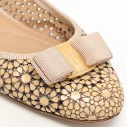 Salvatore Ferragamo Beige Patent Leather Laser Cut Vara Bow Ballet Flats Size 38