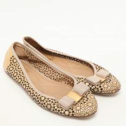 Salvatore Ferragamo Beige Patent Leather Laser Cut Vara Bow Ballet Flats Size 38