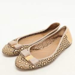 Salvatore Ferragamo Beige Patent Leather Laser Cut Vara Bow Ballet Flats Size 38
