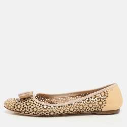 Salvatore Ferragamo Beige Patent Leather Laser Cut Vara Bow Ballet Flats Size 38