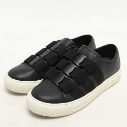 Salvatore Ferragamo Black Leather Vara Bow Trio Slip On Sneakers Size 38.5