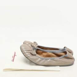 Salvatore Ferragamo Metallic Beige Suede Vara Bow Scrunch Ballet Flats Size 38