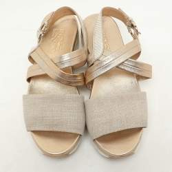 Salvatore Ferragamo Beige/Gold Canvas and Leather Gancini Platform Sandals Size 39