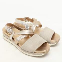 Salvatore Ferragamo Beige/Gold Canvas and Leather Gancini Platform Sandals Size 39