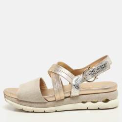 Salvatore Ferragamo Beige/Gold Canvas and Leather Gancini Platform Sandals Size 39