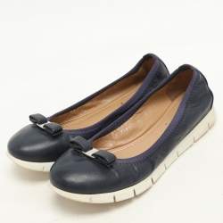 Salvatore Ferragamo Navy Blue Leather Vara Bow Ballet Flats Size 37.5