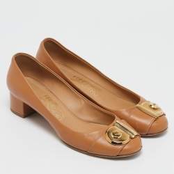 Salvatore Ferragamo Brown Leather Fiamma Keyhole Block Heel Pumps Size 40