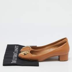 Salvatore Ferragamo Brown Leather Fiamma Keyhole Block Heel Pumps Size 40
