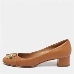 Salvatore Ferragamo Brown Leather Fiamma Keyhole Block Heel Pumps Size 40