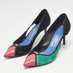 Pre Owned Salvatore Ferragamo Multicolor Lizard Leather and Ostrich Leather Cut Out Pumps Size 40
