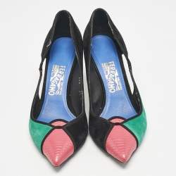 Pre Owned Salvatore Ferragamo Multicolor Lizard Leather and Ostrich Leather Cut Out Pumps Size 40