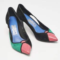 Pre Owned Salvatore Ferragamo Multicolor Lizard Leather and Ostrich Leather Cut Out Pumps Size 40