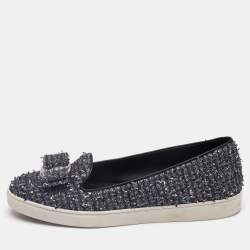 Salvatore Ferragamo Grey Tweed Novello Slip On Sneakers Size 37.5