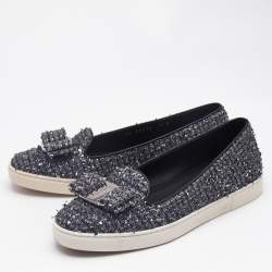 Salvatore Ferragamo Grey Tweed Novello Slip On Sneakers Size 37.5